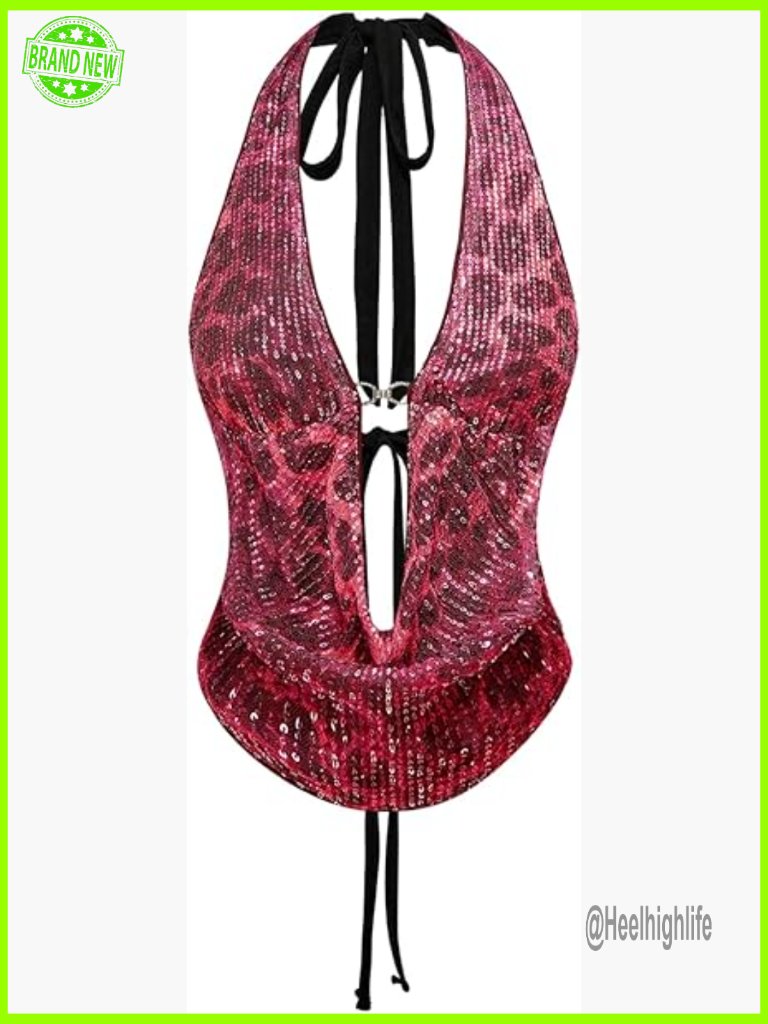 Cheetah Print Sequin Crop Top Y2k Tie Back Corset Halter Top